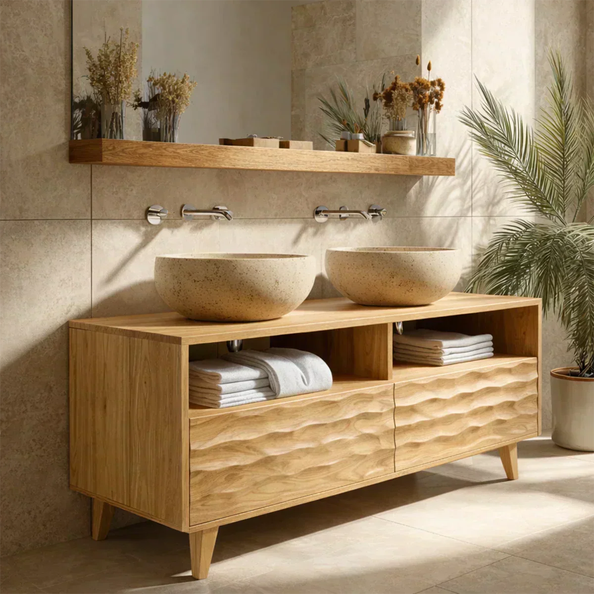 Traditional Solid Wood Bathroom Vanity – Hand Carved Natural Wood Storage Cabinet - Woodenecho