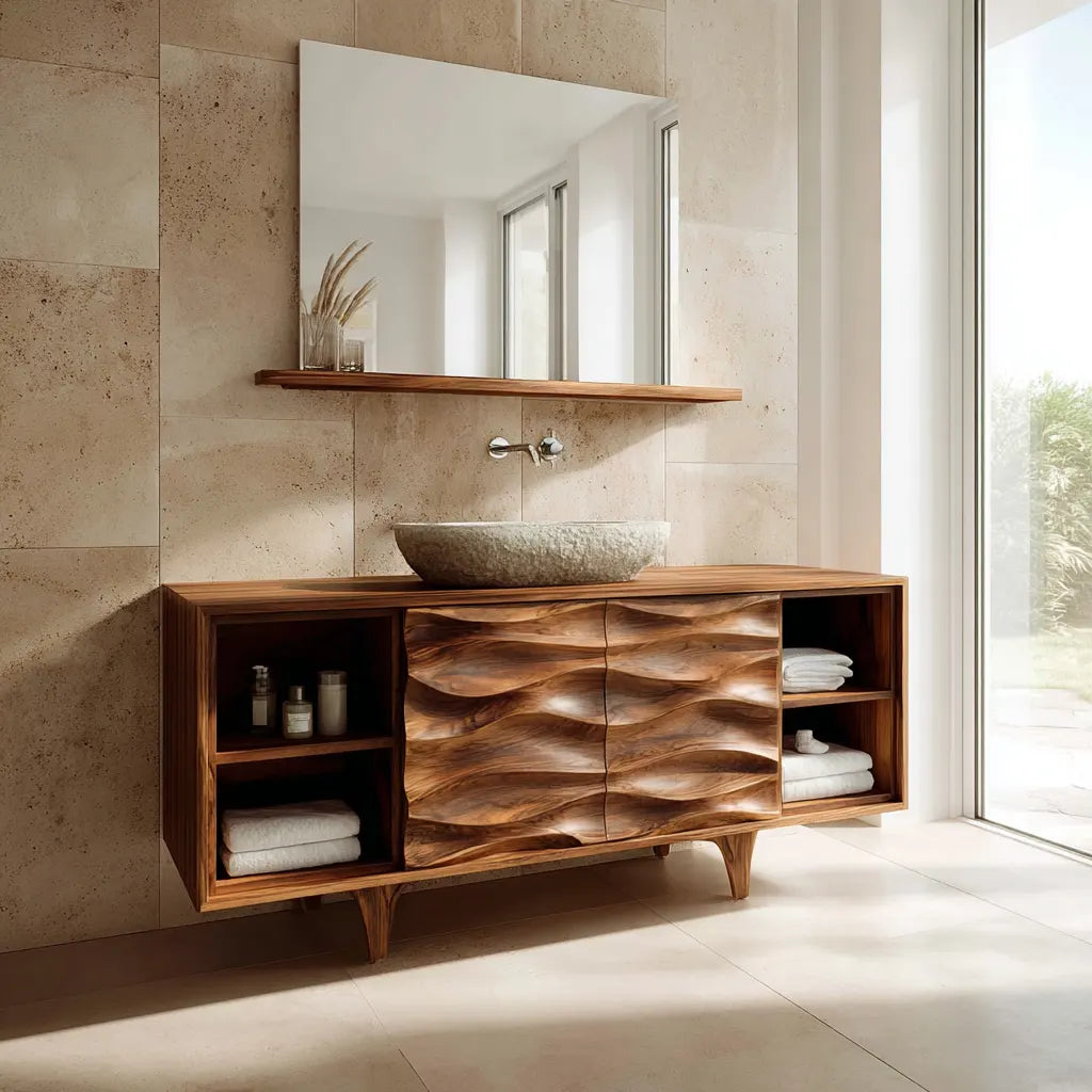 Traditional Solid Wood Bathroom Vanity – Hand Carved Natural Wood Storage Cabinet - Woodenecho