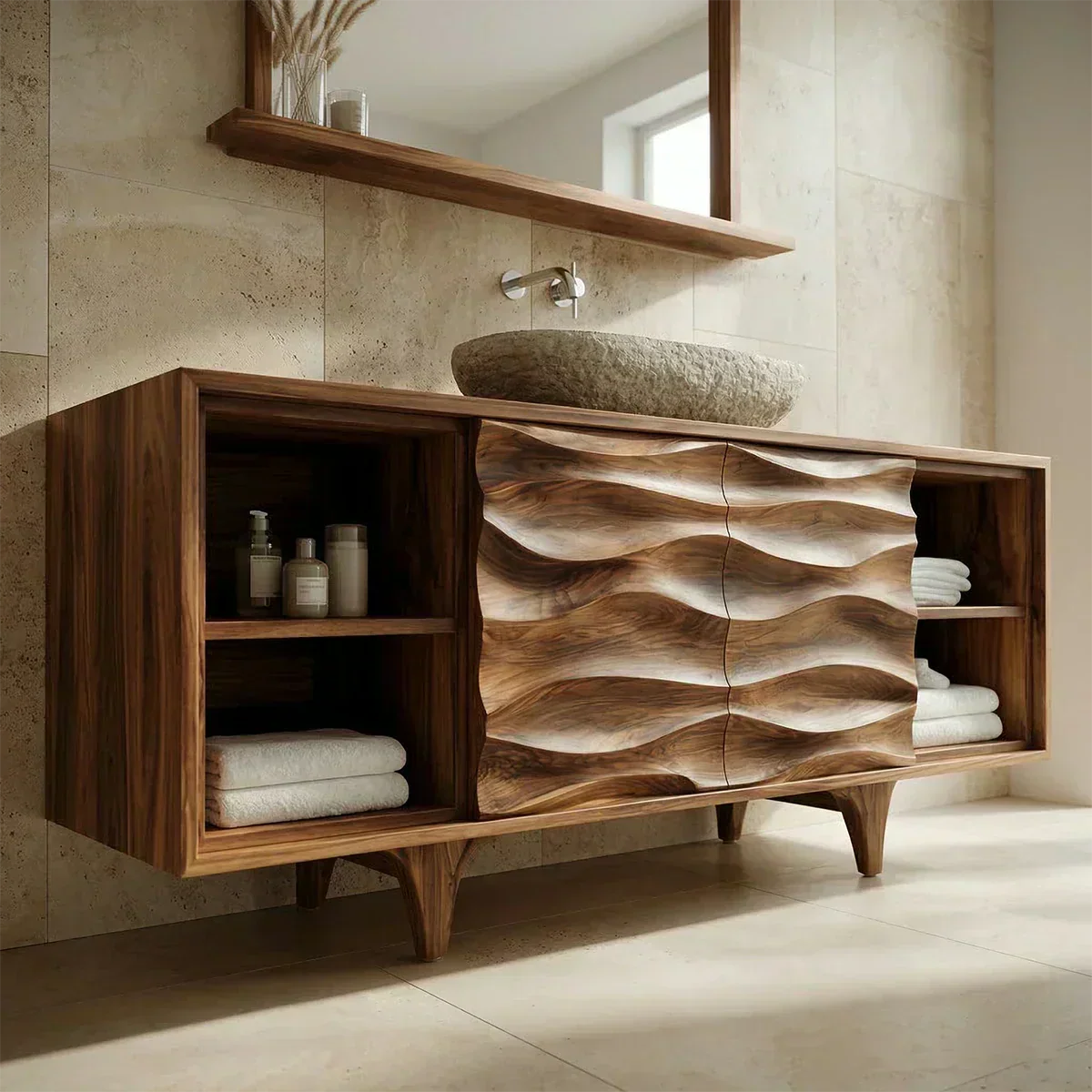 Traditional Solid Wood Bathroom Vanity – Hand Carved Natural Wood Storage Cabinet - Woodenecho