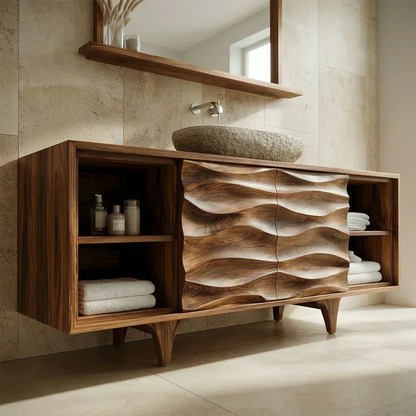 Traditional Solid Wood Bathroom Vanity – Hand Carved Natural Wood Storage Cabinet - Woodenecho