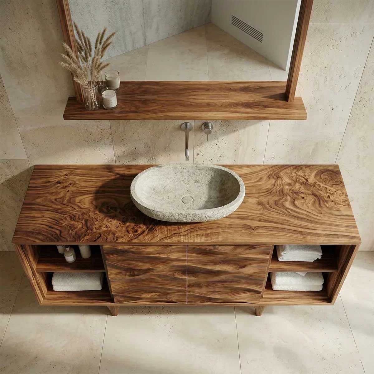 Traditional Solid Wood Bathroom Vanity – Hand Carved Natural Wood Storage Cabinet - Woodenecho