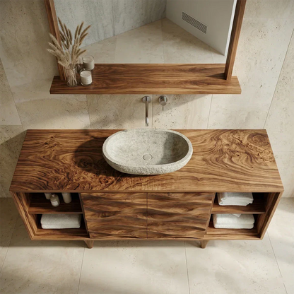 Traditional Solid Wood Bathroom Vanity – Hand Carved Natural Wood Storage Cabinet - Woodenecho