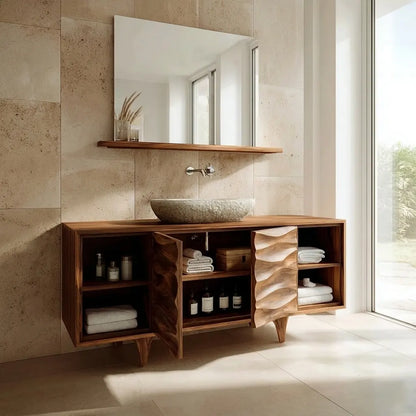 Traditional Solid Wood Bathroom Vanity – Hand Carved Natural Wood Storage Cabinet - Woodenecho
