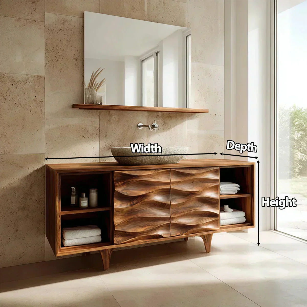 Traditional Solid Wood Bathroom Vanity – Hand Carved Natural Wood Storage Cabinet - Woodenecho