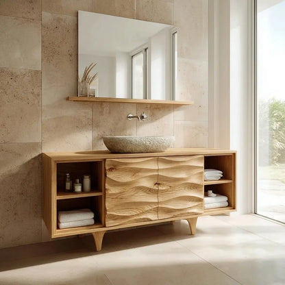 Traditional Solid Wood Bathroom Vanity – Hand Carved Natural Wood Storage Cabinet - Woodenecho