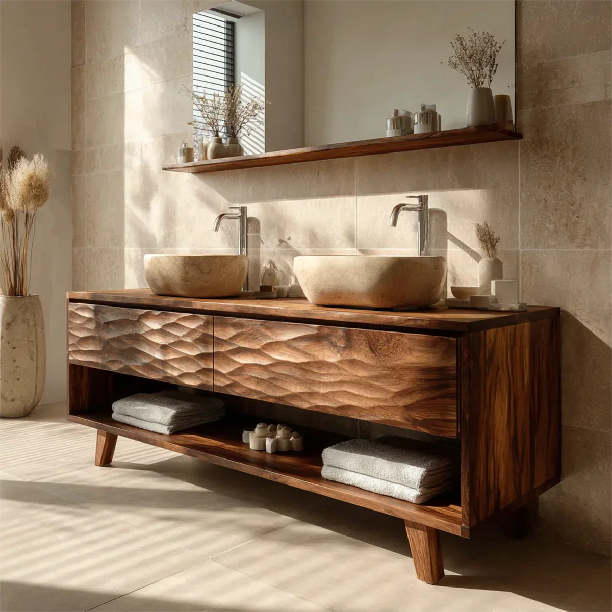 Traditional Solid Wood Bathroom Vanity – Hand Carved Natural Wood Vanity Cabinet - Rustirawood