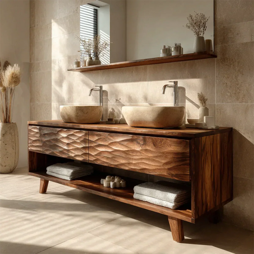 Traditional Solid Wood Bathroom Vanity – Hand Carved Natural Wood Vanity Cabinet - Rustirawood