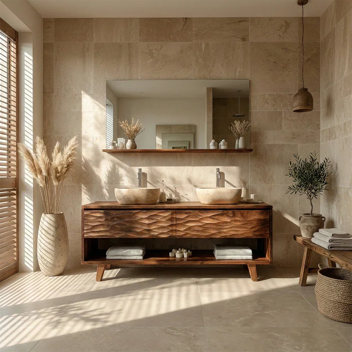 Traditional Solid Wood Bathroom Vanity – Hand Carved Natural Wood Vanity Cabinet - Rustirawood