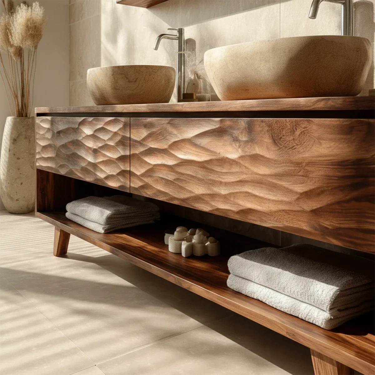 Traditional Solid Wood Bathroom Vanity – Hand Carved Natural Wood Vanity Cabinet - Rustirawood