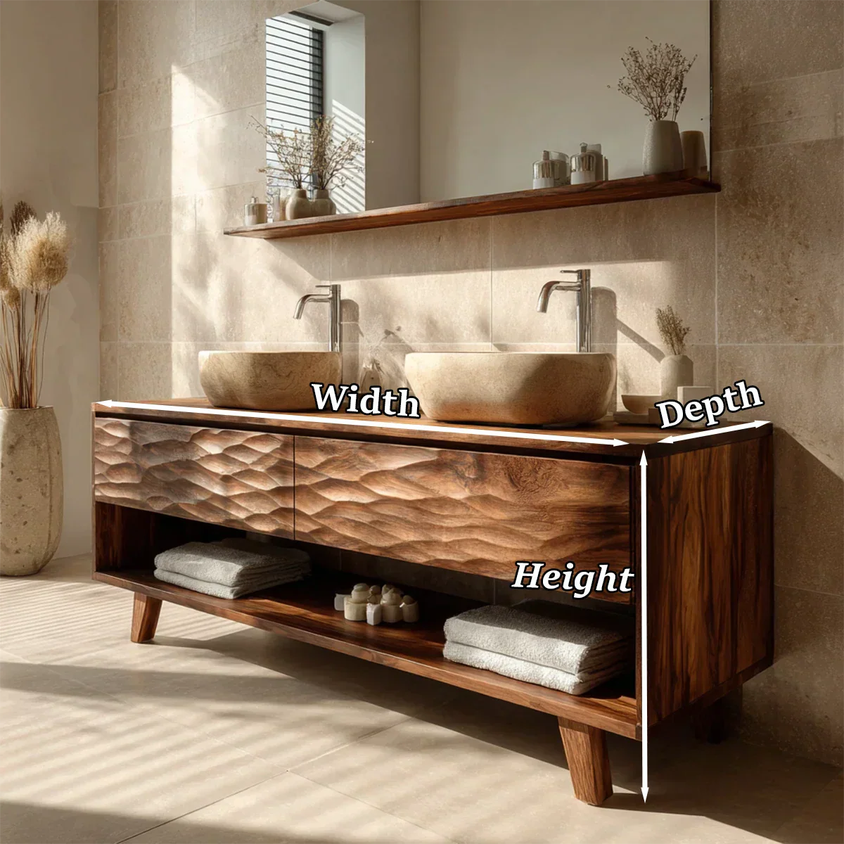 Traditional Solid Wood Bathroom Vanity – Hand Carved Natural Wood Vanity Cabinet - Rustirawood