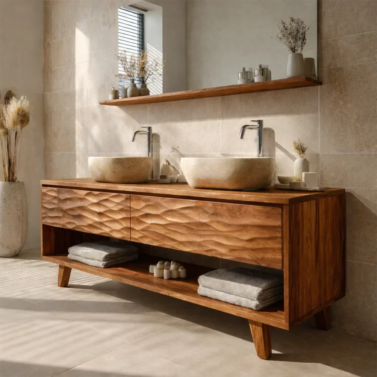 Traditional Solid Wood Bathroom Vanity – Hand Carved Natural Wood Vanity Cabinet - Rustirawood