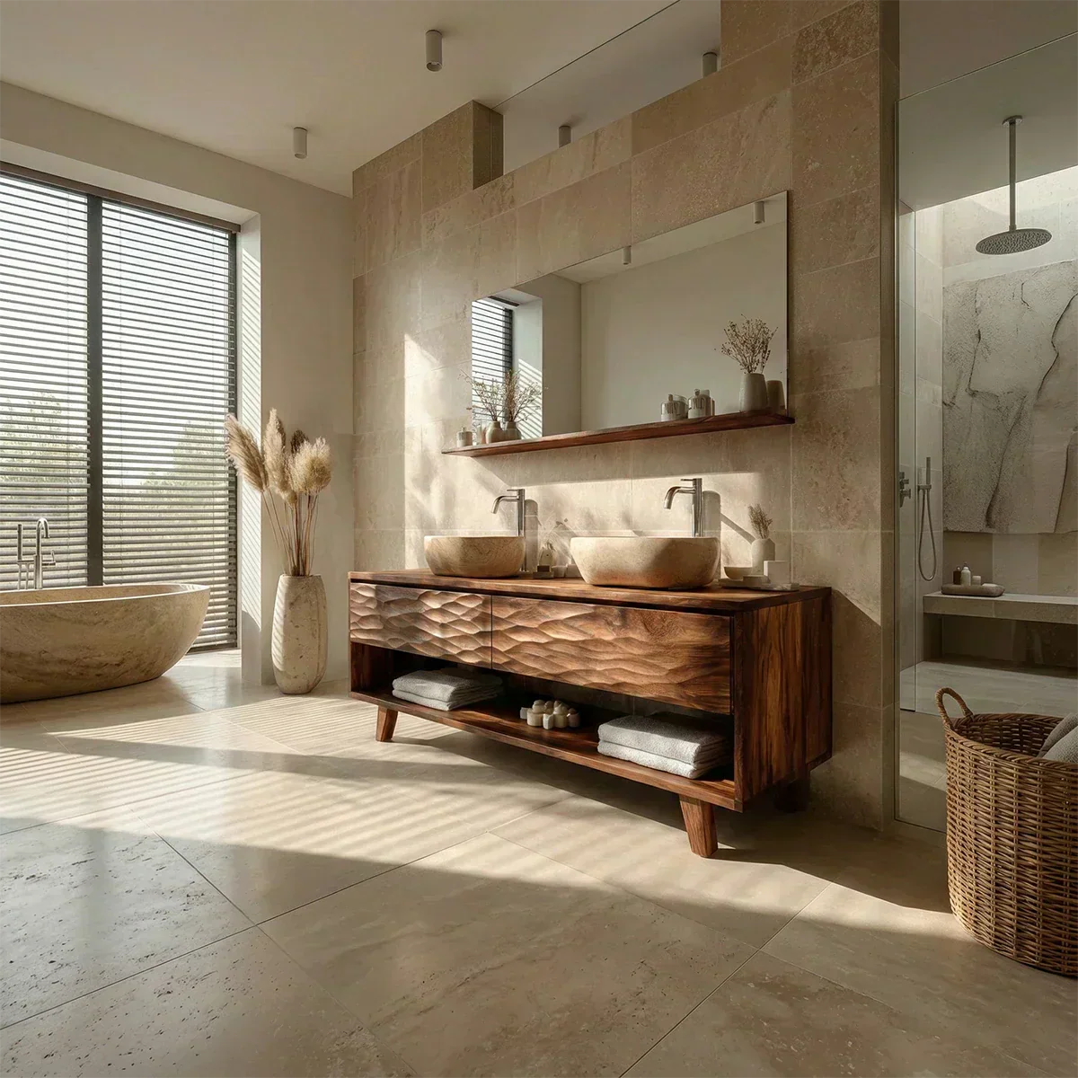 Traditional Solid Wood Bathroom Vanity – Hand Carved Natural Wood Vanity Cabinet - Woodenecho