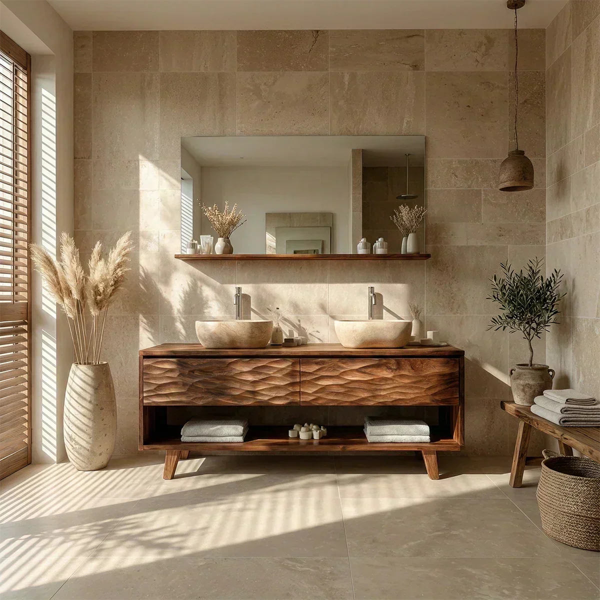 Traditional Solid Wood Bathroom Vanity – Hand Carved Natural Wood Vanity Cabinet - Woodenecho