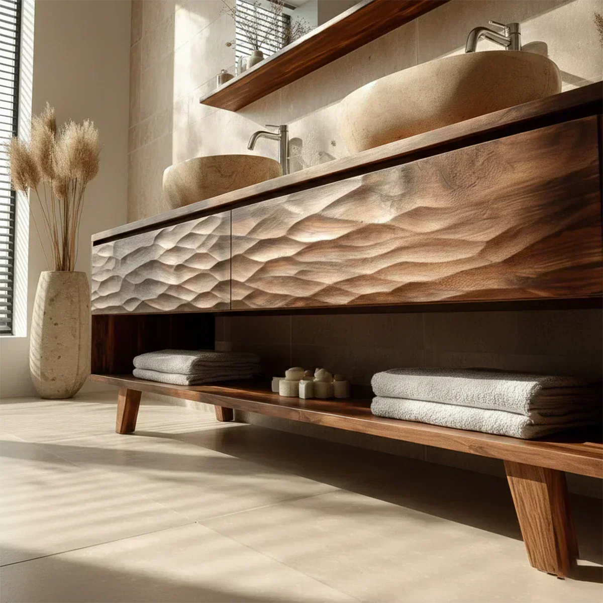 Traditional Solid Wood Bathroom Vanity – Hand Carved Natural Wood Vanity Cabinet - Woodenecho