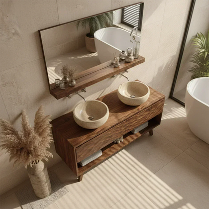Traditional Solid Wood Bathroom Vanity – Hand Carved Natural Wood Vanity Cabinet - Woodenecho