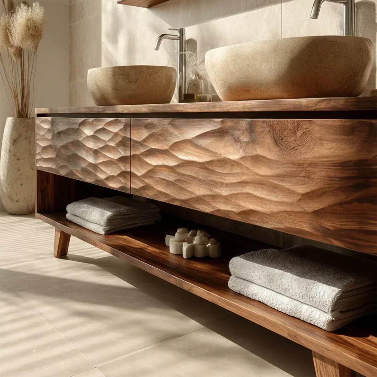 Traditional Solid Wood Bathroom Vanity – Hand Carved Natural Wood Vanity Cabinet - Woodenecho