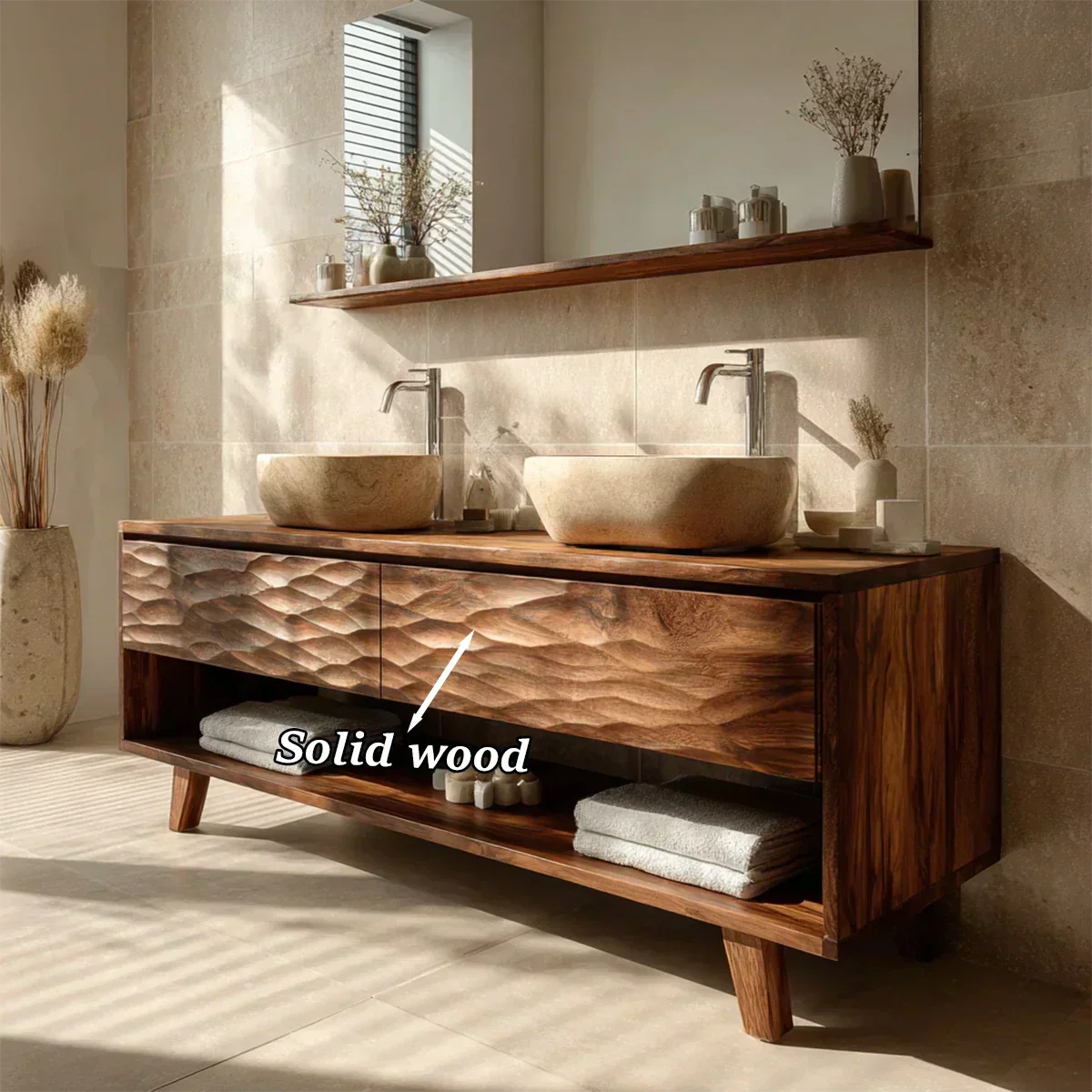 Traditional Solid Wood Bathroom Vanity – Hand Carved Natural Wood Vanity Cabinet - Woodenecho