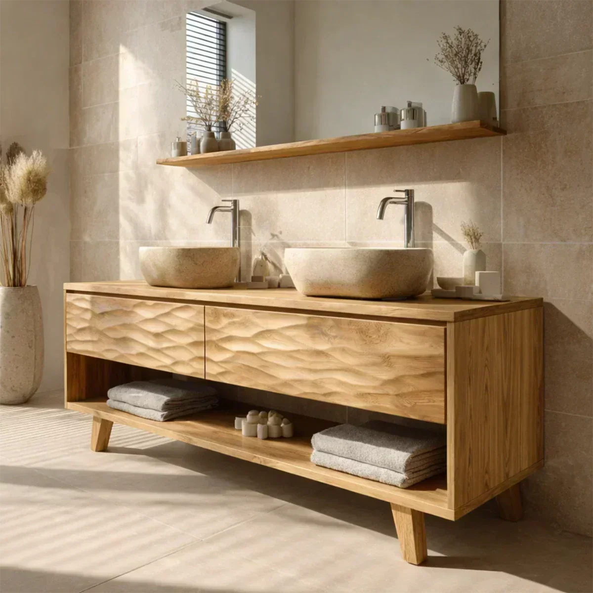 Traditional Solid Wood Bathroom Vanity – Hand Carved Natural Wood Vanity Cabinet - Woodenecho