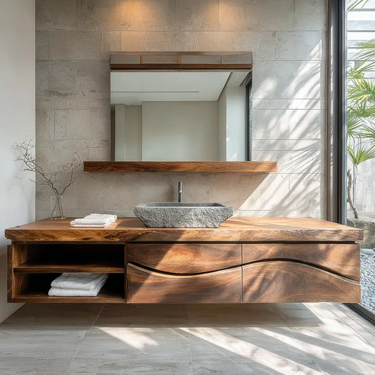 Traditional Solid Wood Bathroom Vanity – Handcrafted Natural Wood Storage Cabinet - Rustirawood