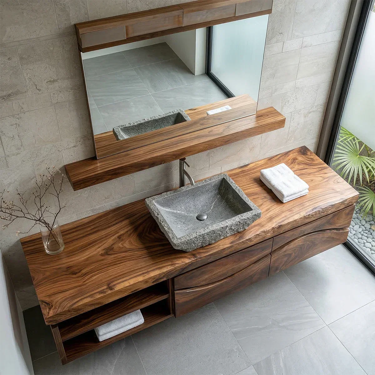 Traditional Solid Wood Bathroom Vanity – Handcrafted Natural Wood Storage Cabinet - Rustirawood