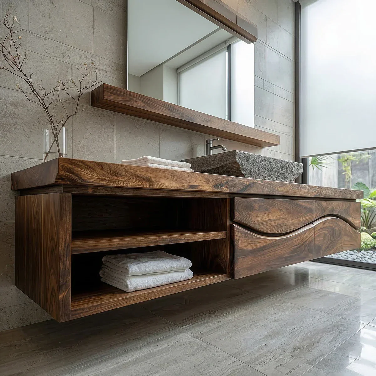 Traditional Solid Wood Bathroom Vanity – Handcrafted Natural Wood Storage Cabinet - Rustirawood