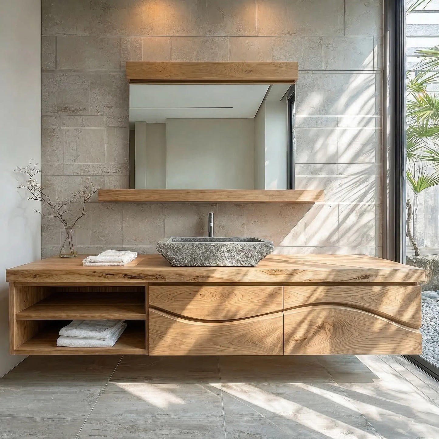 Traditional Solid Wood Bathroom Vanity – Handcrafted Natural Wood Storage Cabinet - Rustirawood