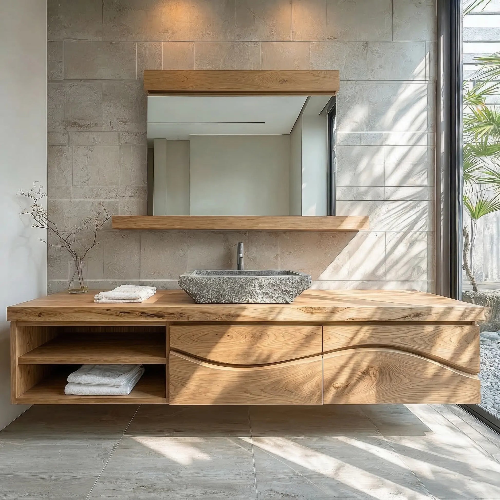 Traditional Solid Wood Bathroom Vanity – Handcrafted Natural Wood Storage Cabinet - Rustirawood