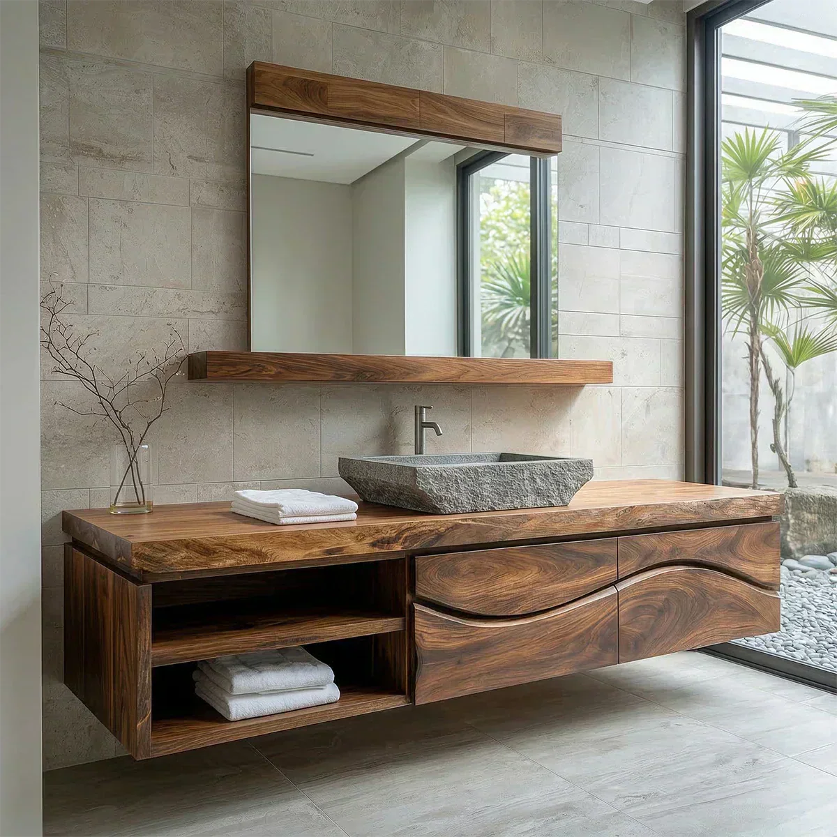 Traditional Solid Wood Bathroom Vanity – Handcrafted Natural Wood Storage Cabinet - Woodenecho