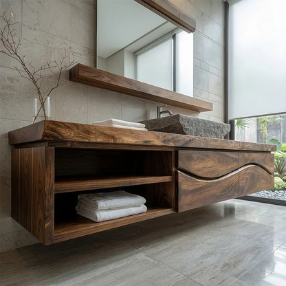 Traditional Solid Wood Bathroom Vanity – Handcrafted Natural Wood Storage Cabinet - Woodenecho