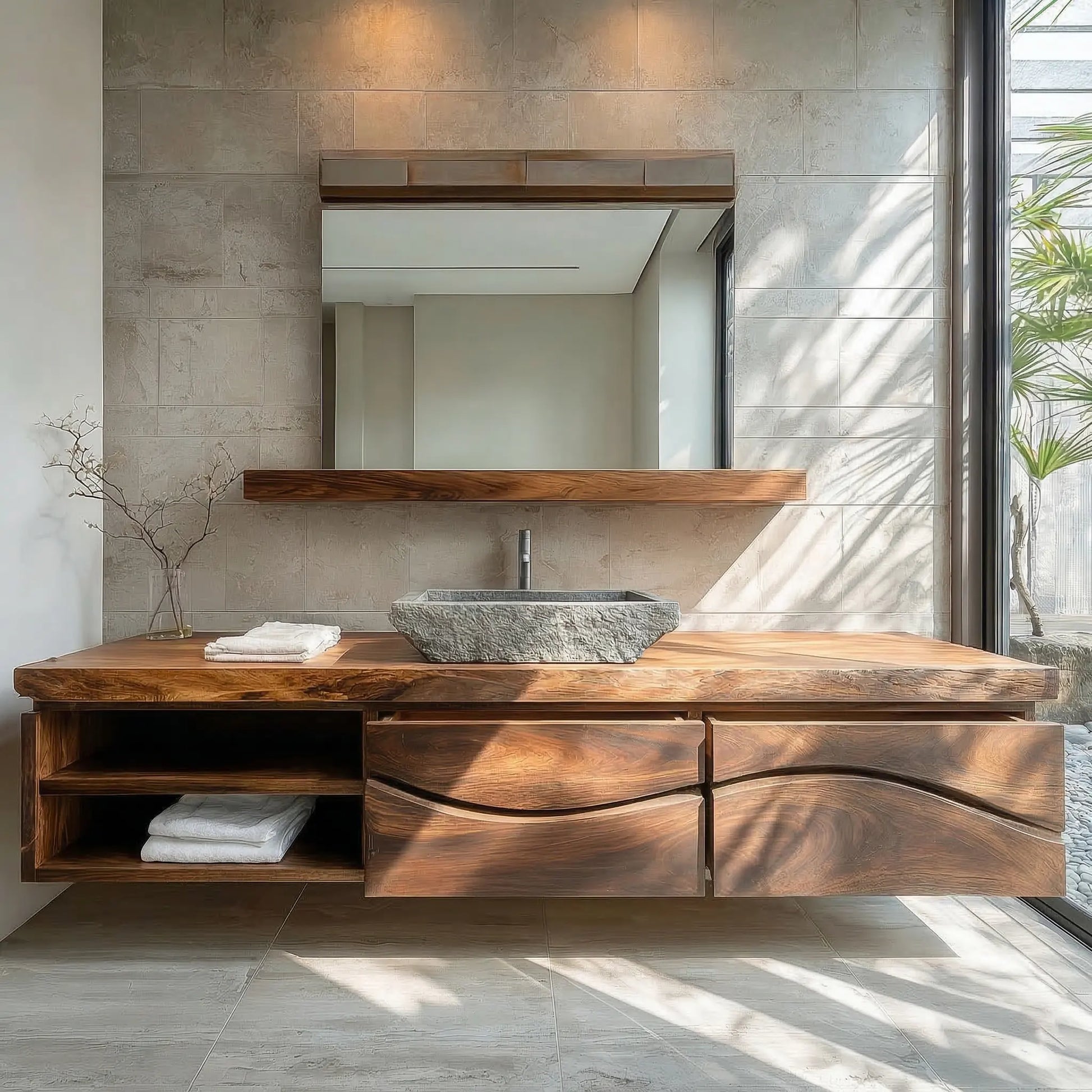 Traditional Solid Wood Bathroom Vanity – Handcrafted Natural Wood Storage Cabinet - Woodenecho