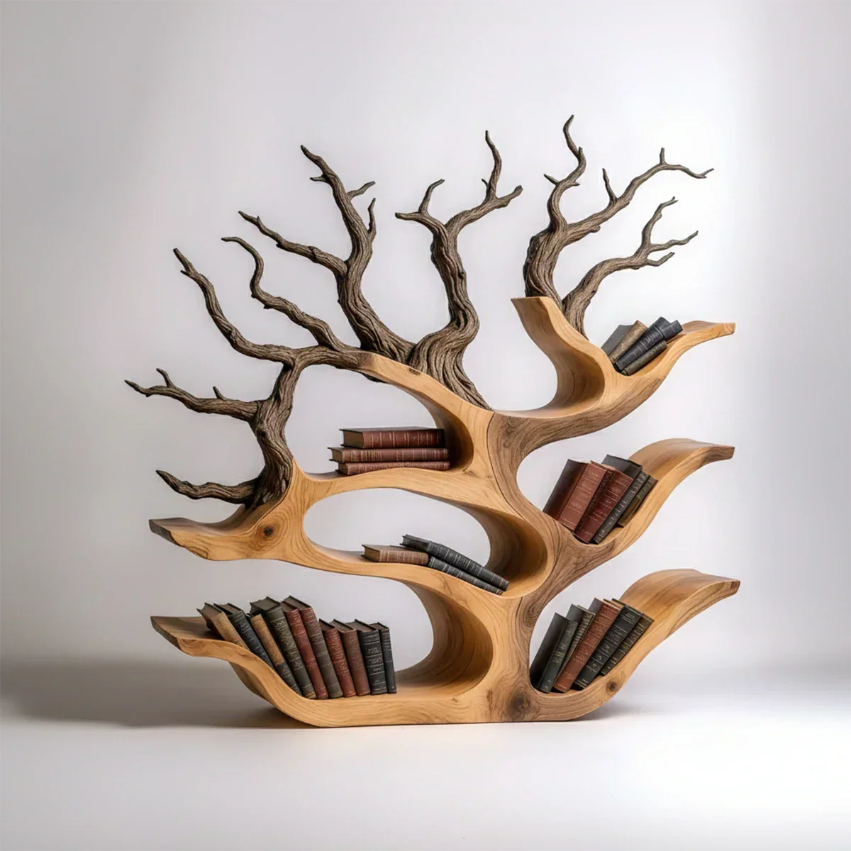 Tree-Shaped Natural Solid Wood Bookshelf – Sculptural Design - Rustirawood