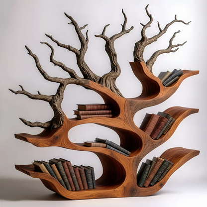 Tree-Shaped Natural Solid Wood Bookshelf – Sculptural Design - Rustirawood
