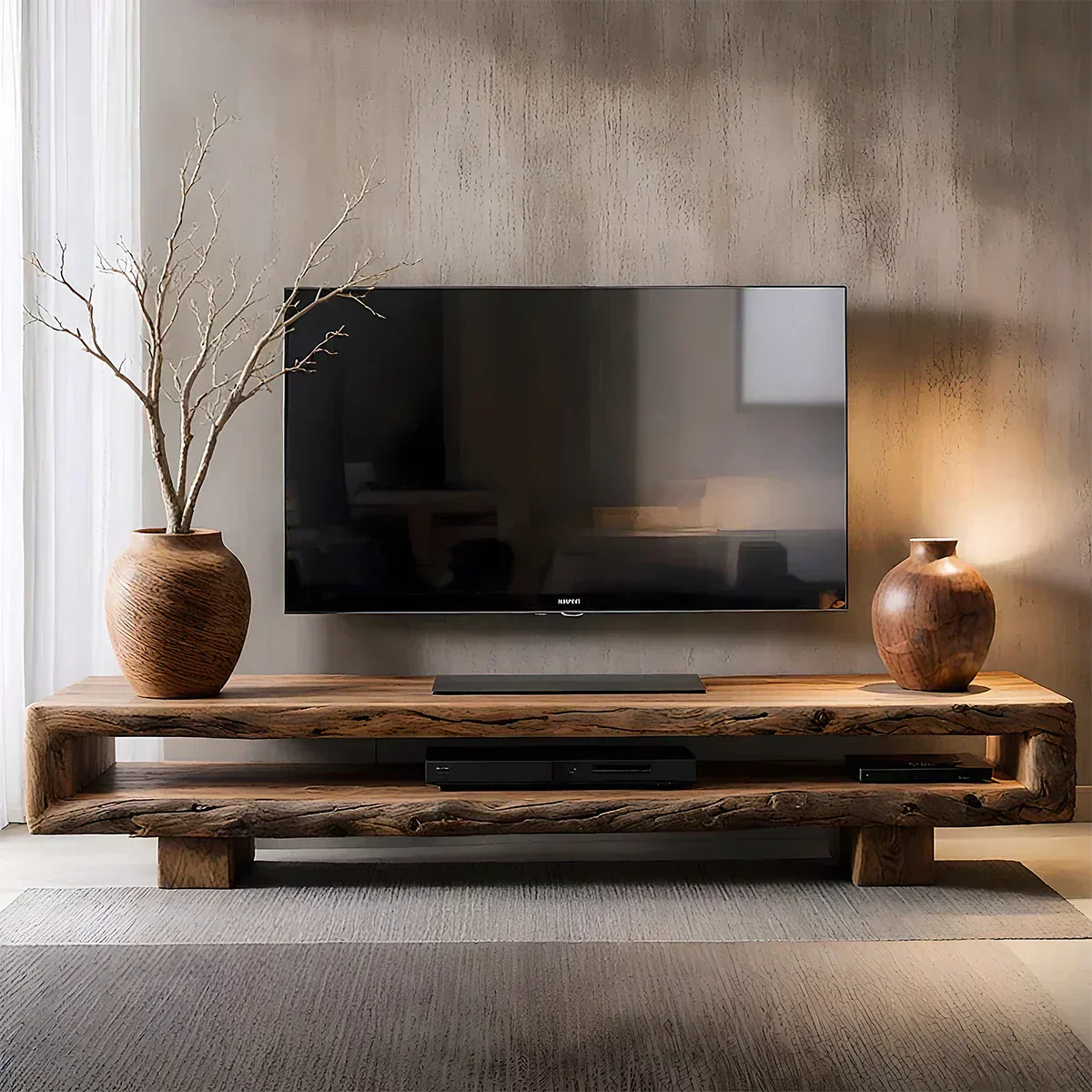 Wabi Sabi Solid Wood TV Stand – Rustic Driftwood Media Console - Woodenecho