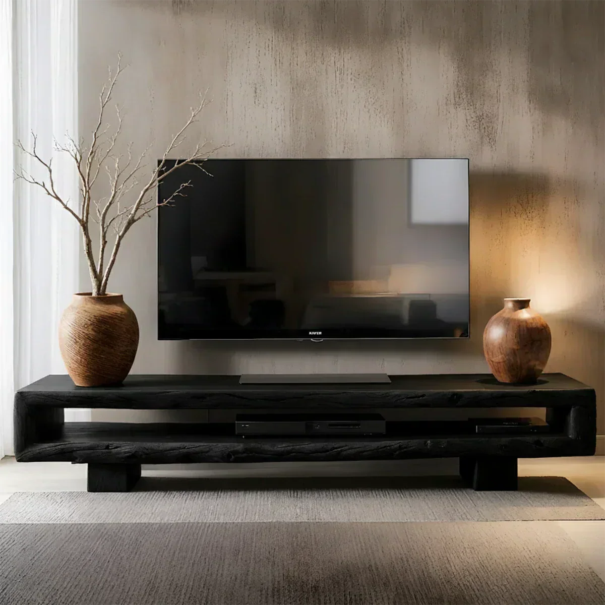 Wabi Sabi Solid Wood TV Stand – Rustic Driftwood Media Console - Woodenecho