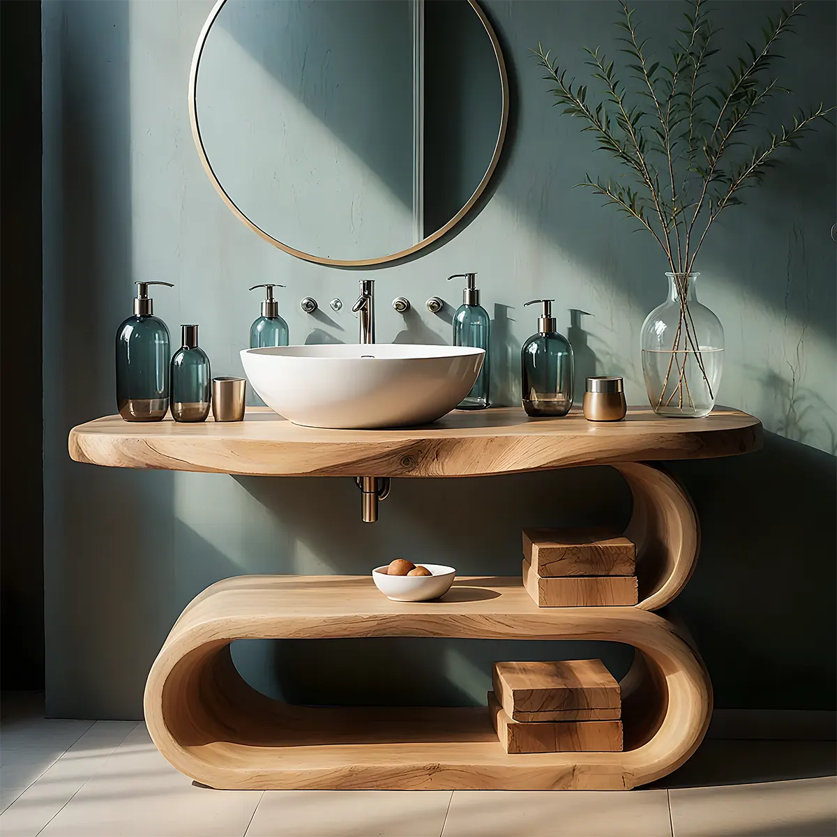 WaveArc Vanity – Solid Wood Bathroom with Zen Curves - Rustirawood