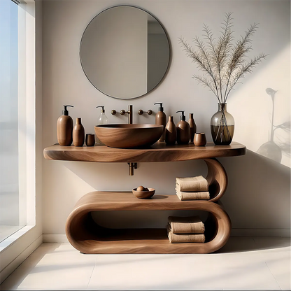 WaveArc Vanity – Solid Wood Bathroom with Zen Curves - Rustirawood