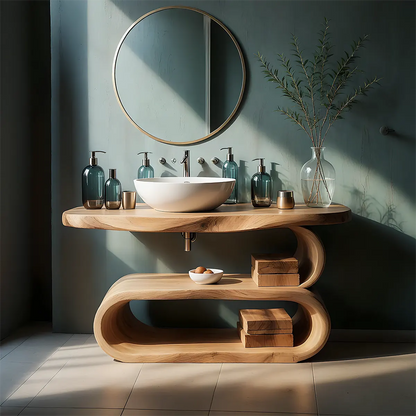 WaveArc Vanity – Solid Wood Bathroom with Zen Curves - Woodenecho