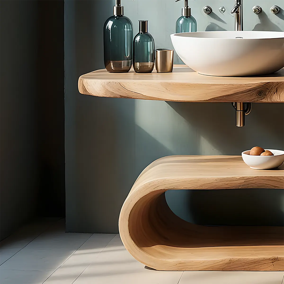 WaveArc Vanity – Solid Wood Bathroom with Zen Curves - Woodenecho