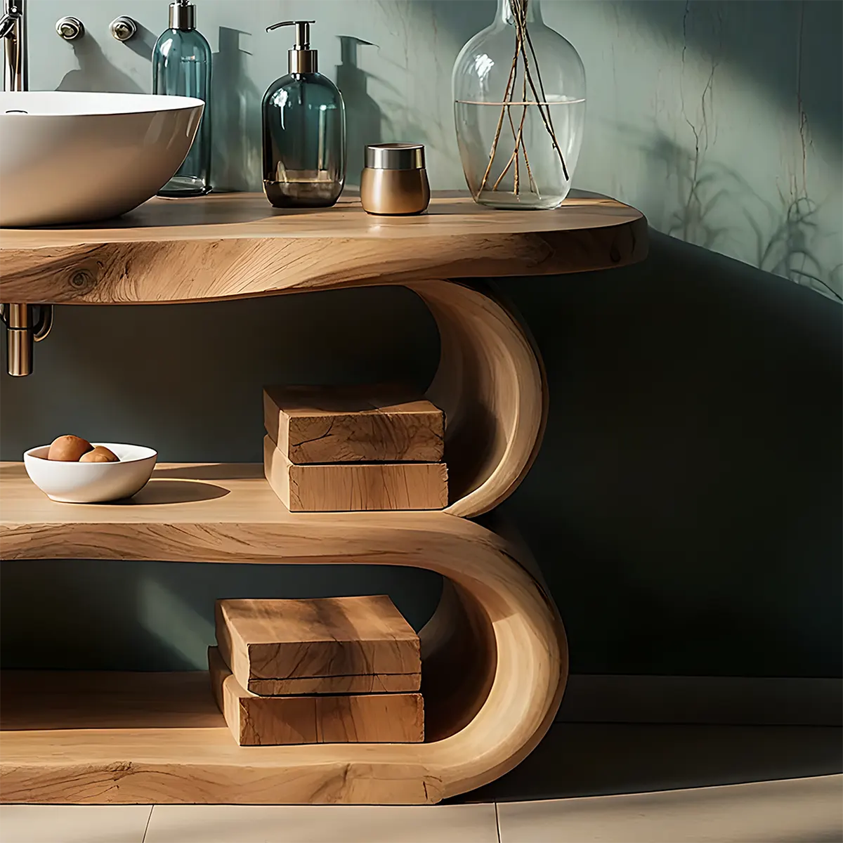 WaveArc Vanity – Solid Wood Bathroom with Zen Curves - Woodenecho