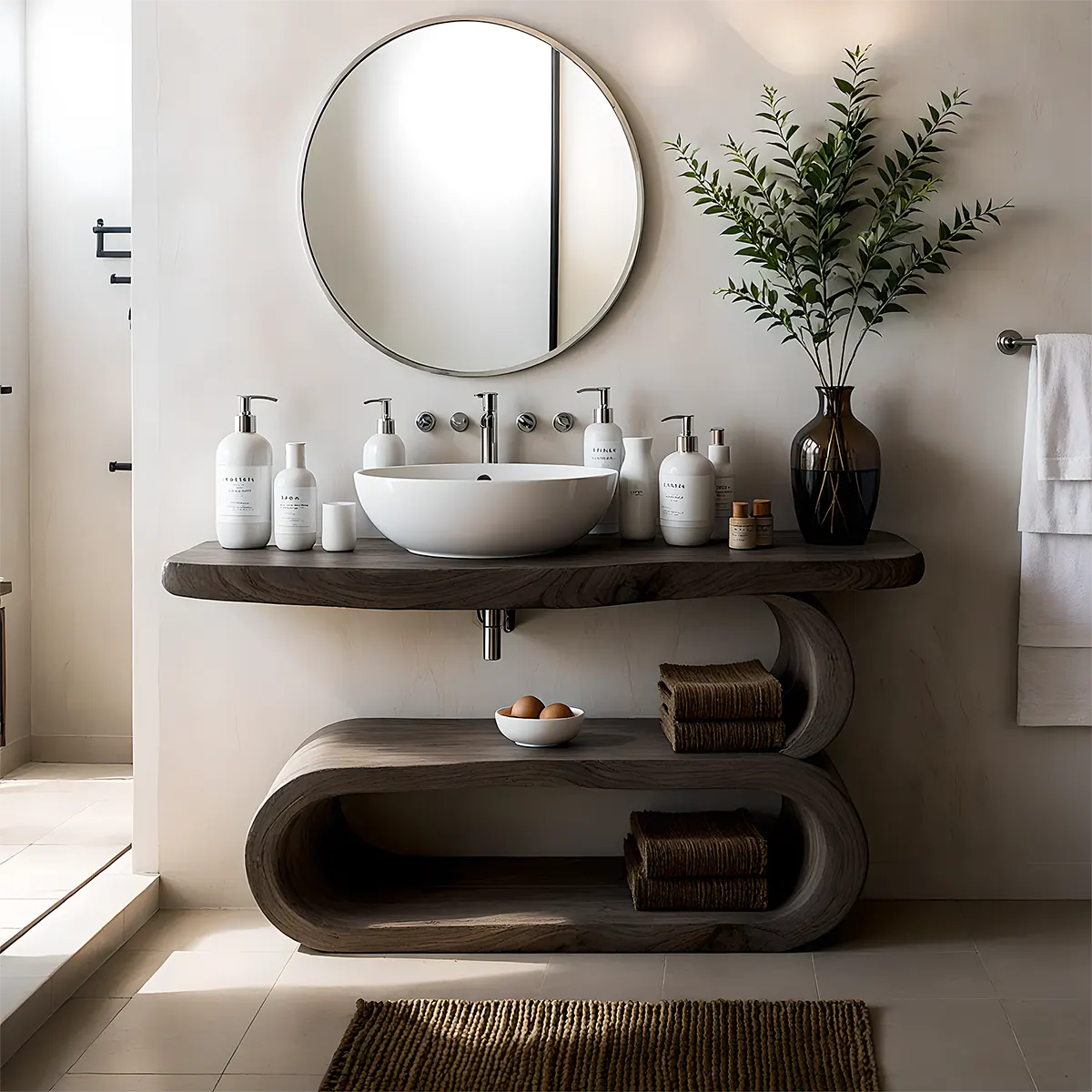 WaveArc Vanity – Solid Wood Bathroom with Zen Curves - Woodenecho