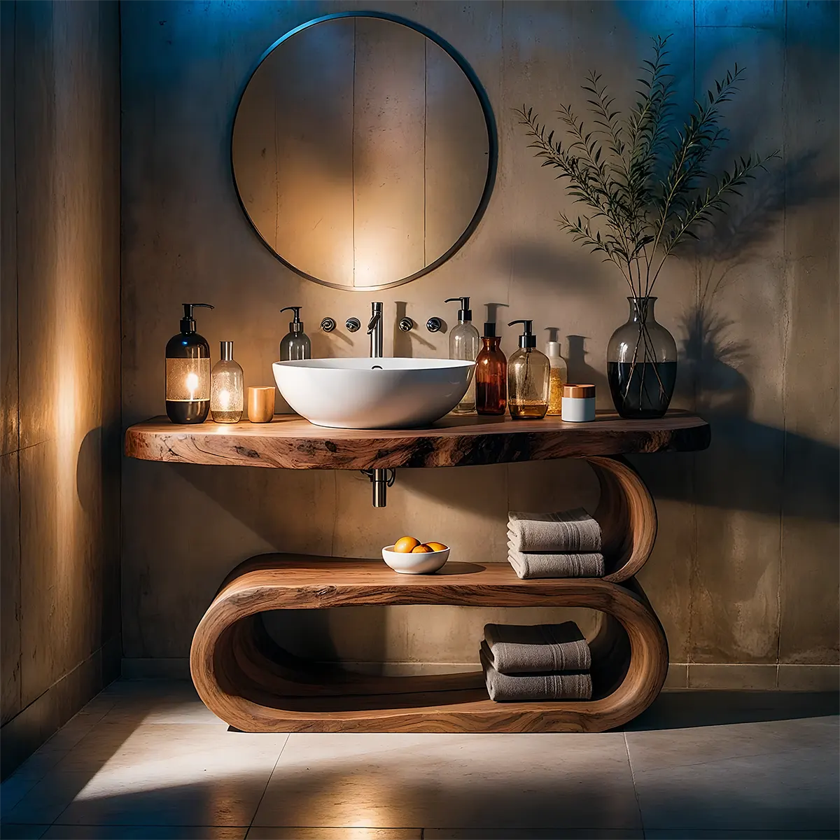 WaveArc Vanity – Solid Wood Bathroom with Zen Curves - Woodenecho