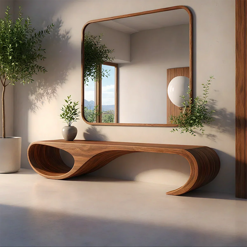 Waveform Sculpted Bench in Natural Solid Wood - Rustirawood