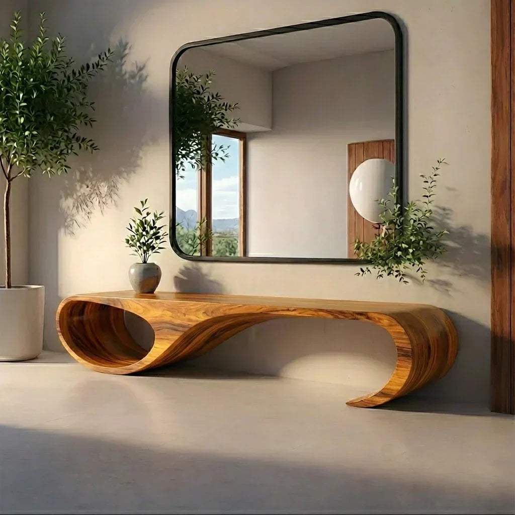 Waveform Sculpted Bench in Natural Solid Wood - Woodenecho
