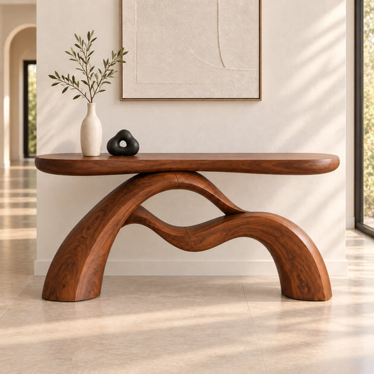 Arched Console Table with Sculptural Natural Solid Wood Base Form - Woodenecho - 1