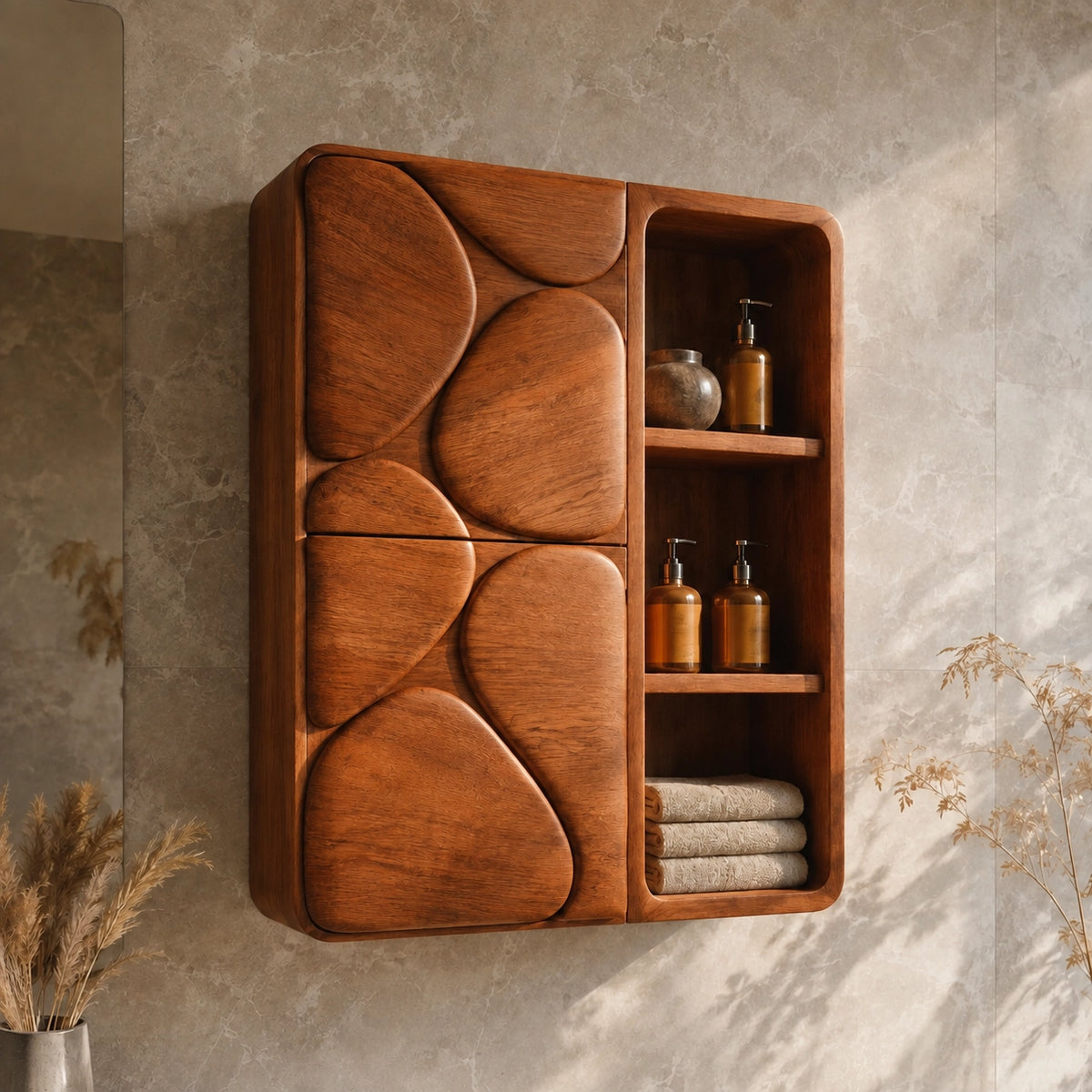 Bathroom Cabinet with Biomorphic Carved Doors in Natural Solid Wood - Woodenecho - 1