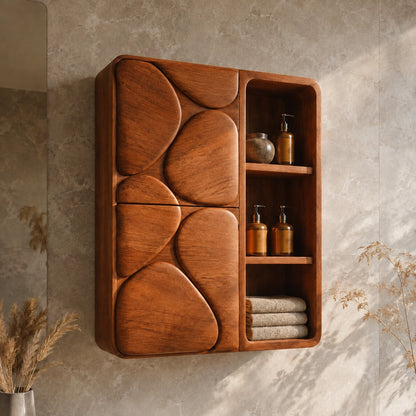 Bathroom Cabinet with Biomorphic Carved Doors in Natural Solid Wood - Woodenecho - 1