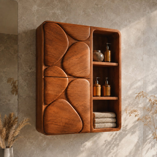 Bathroom Cabinet with Biomorphic Carved Doors in Natural Solid Wood - Woodenecho - 1