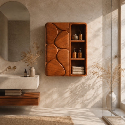 Bathroom Cabinet with Biomorphic Carved Doors in Natural Solid Wood - Woodenecho - 2