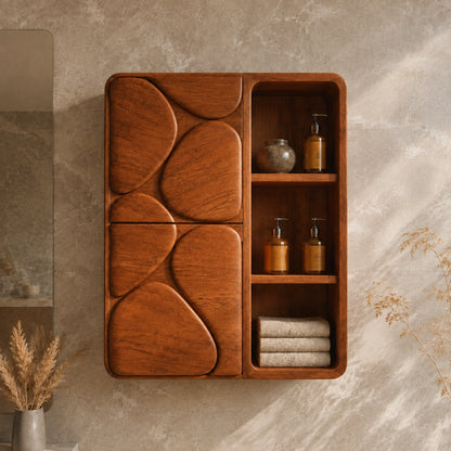 Bathroom Cabinet with Biomorphic Carved Doors in Natural Solid Wood - Woodenecho - 3