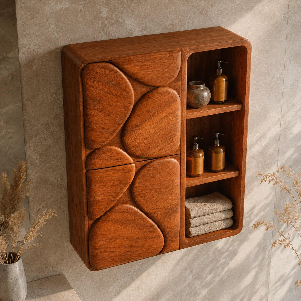 Bathroom Cabinet with Biomorphic Carved Doors in Natural Solid Wood - Woodenecho - 4